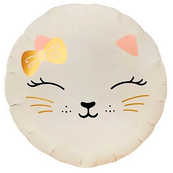 Шар (18''/46 см) Круг, Кошечка с бантом, Кремовый, Сатин, 1 шт. в уп. (цв.этик.)