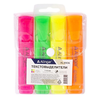 Набор текстовыделителей Alingar "Line", 4 цвета, корпус овал, скошенный, 1-4 мм, упаковка ПВХ с кноп