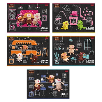 20А4Впл АЛЬБОМ для рисования 20л А4ф на скобе 5 диз.в блоке Пластиковая обложка 200мкм с печатью сер