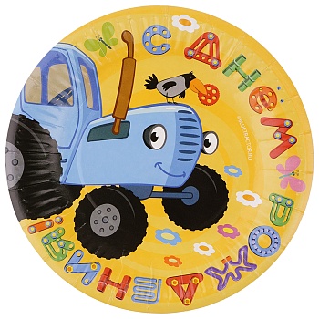 Тарелки (7''/18 см) Синий трактор, С Днем Рождения!, Желтый, 6 шт.