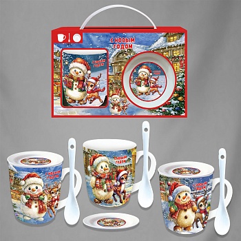 ПОДАРОЧНЫЙ НАБОР КРУЖКА С ЛОЖКОЙ И БЛЮДЦЕМ, DARLENS «СНЕГОВИК И ОЛЕНЬ», КЕРАМИКА, 90Х85 ММ, 260 МЛ, 