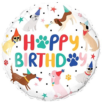 Шар (18''/46 см) Круг, С Днем Рождения (собачки), 1 шт. в уп. (цв.этик.)
