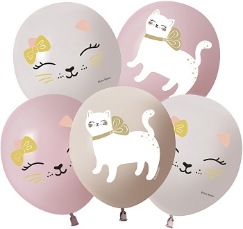 Шар (12''/30 см) Кошечка с бантом, Ассорти, пастель, 1 ст, 25 шт.