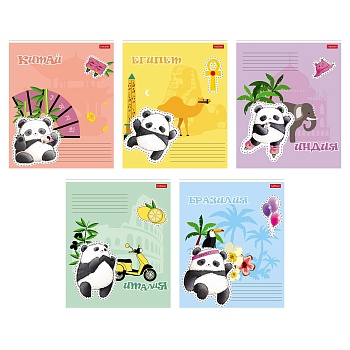 24Т5В1 Тетрадь 24л А5ф клетка 60-65г/кв.м на скобе  5 диз.в блоке скругл.углы серия -Плюшевые панды-