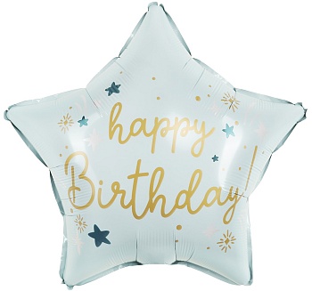Шар (18''/46 см) Звезда, Happy Birthday (звездочки), Светло-голубой, Сатин, 1 шт. в уп.