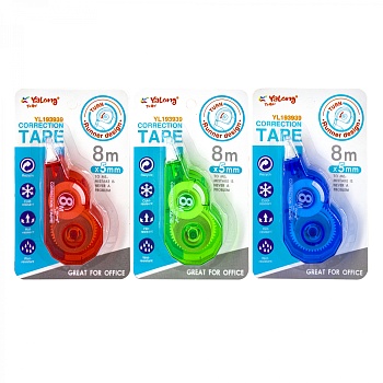 Корректирующая лента Yalong, 5 мм х 8 м, корпус ассорти, блистер, европодвес