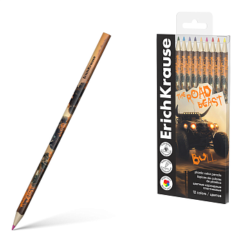 Цветные карандаши пластиковые ErichKrause Road Beast трехгранные, грифель 3 мм, 12 цветов (в ПЭТ-бок
