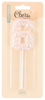 Свеча Цифра, 6 Воздушный жемчуг, на шпажке, Нежно-розовый, Перламутр, 6 см, 1 шт. с держат.