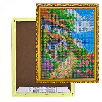 Алмазная мозаика Alingar, на подрамнике,  дизайн рамка, 30х40 см, "Домик на берегу"