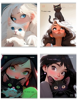 Тетрадь КЛЕТКА 96л. ДЕВУШКИ И КОТЫ (96-8843) цветная мелов. обл., лён