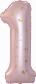 Шар (34''/86 см) Цифра, 1 Золотые короны, Розовый, 1 шт. в уп.