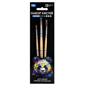 Набор художественных кистей арт. 71455 / 25 ПАНДА (нейлон, 3 шт., круглые № 1, 3, 5, материал ручки: